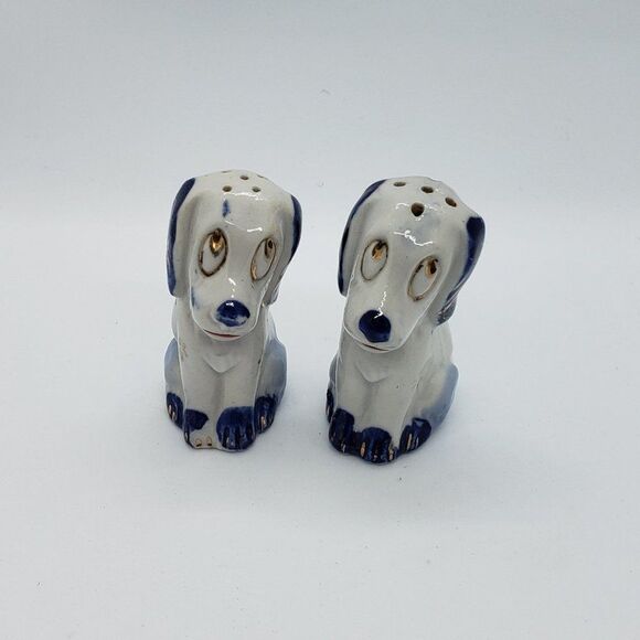 White Blue Gold Sad Eyed Dog Vintage Salt and Pepper Shaker - Picture 9 of 9